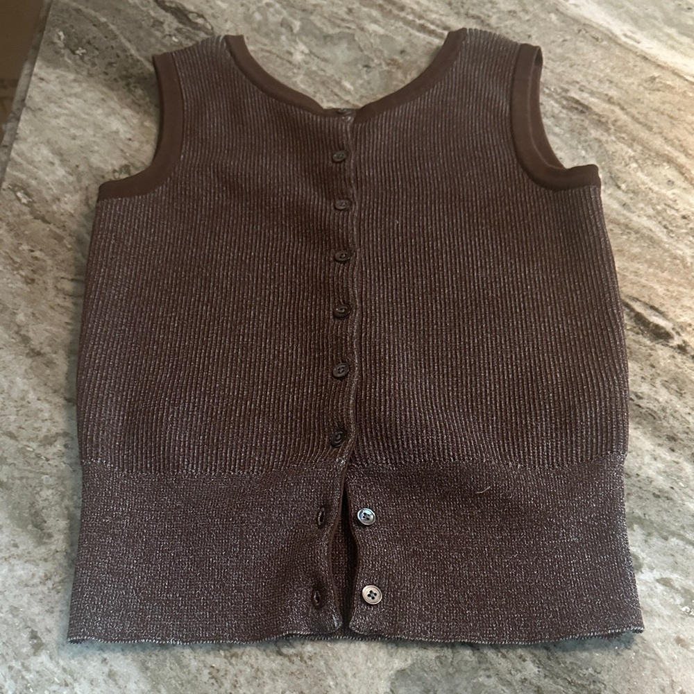 Sleeveless Brown Ribbed Button-Front Knit Top